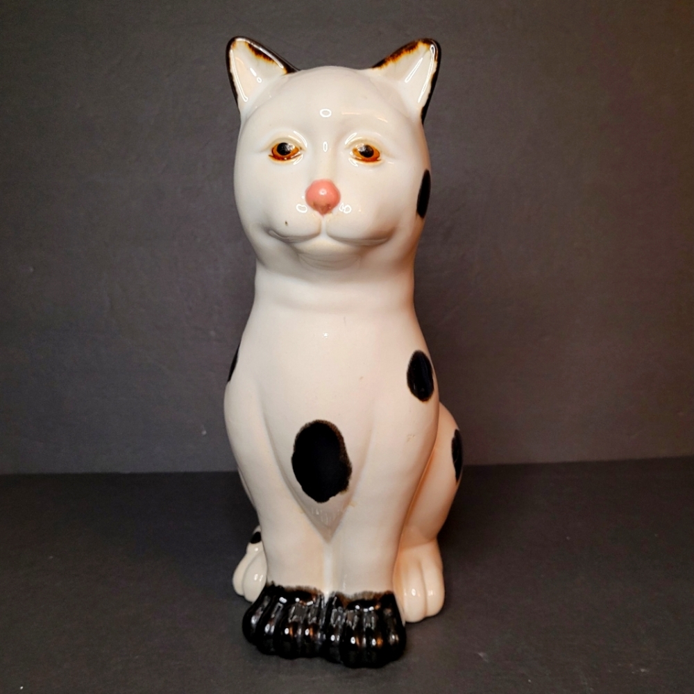Nantucket Home Tall Sitting White & Black Cat Statue Ceramic